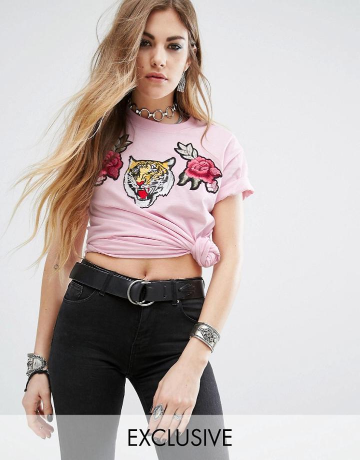 Rokoko Boyfriend T-shirt With Layered Tiger Patch - Pink