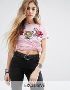 Rokoko Boyfriend T-shirt With Layered Tiger Patch - Pink
