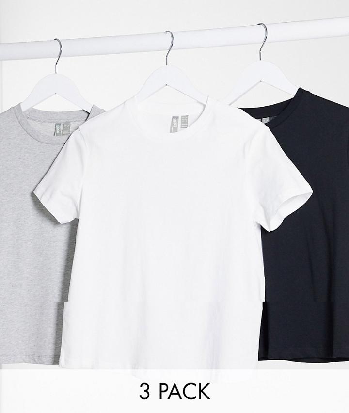 Asos Design Ultimate Organic Cotton T-shirt With Crew Neck 3 Pack Save In Black, White & Heather Gray-multi