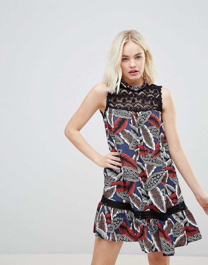 Hazel Leaf Printed High Neck Dropped Hem Dress With Lace Yolk - Navy
