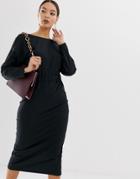 Asos Design Rib Wrap Back Midi Pencil Dress - Black