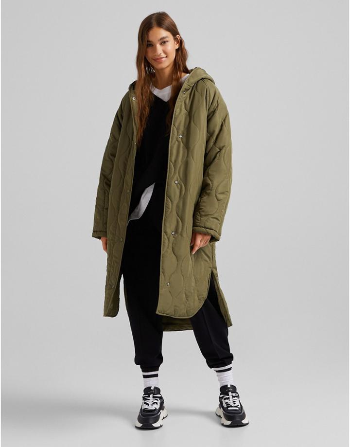 Bershka Quilted Long Line Jacket In Khaki-green