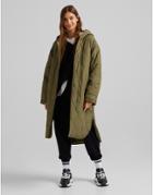 Bershka Quilted Long Line Jacket In Khaki-green