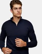 Topman Organic Zip Turtle Neck Knitted Sweater In Navy-blues