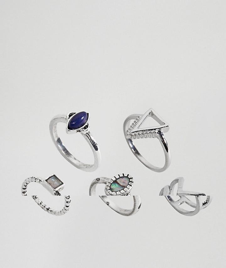 Asos Design Pack Of 5 Engraved Cut Out Stone Rings - Silver