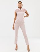 Asos Design Lace Top Jumpsuit With Collar-pink