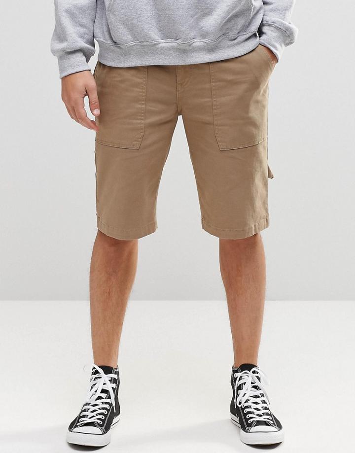 Asos Slim Longer Length Shorts With Worker Tab Details In Stone - Light Stone