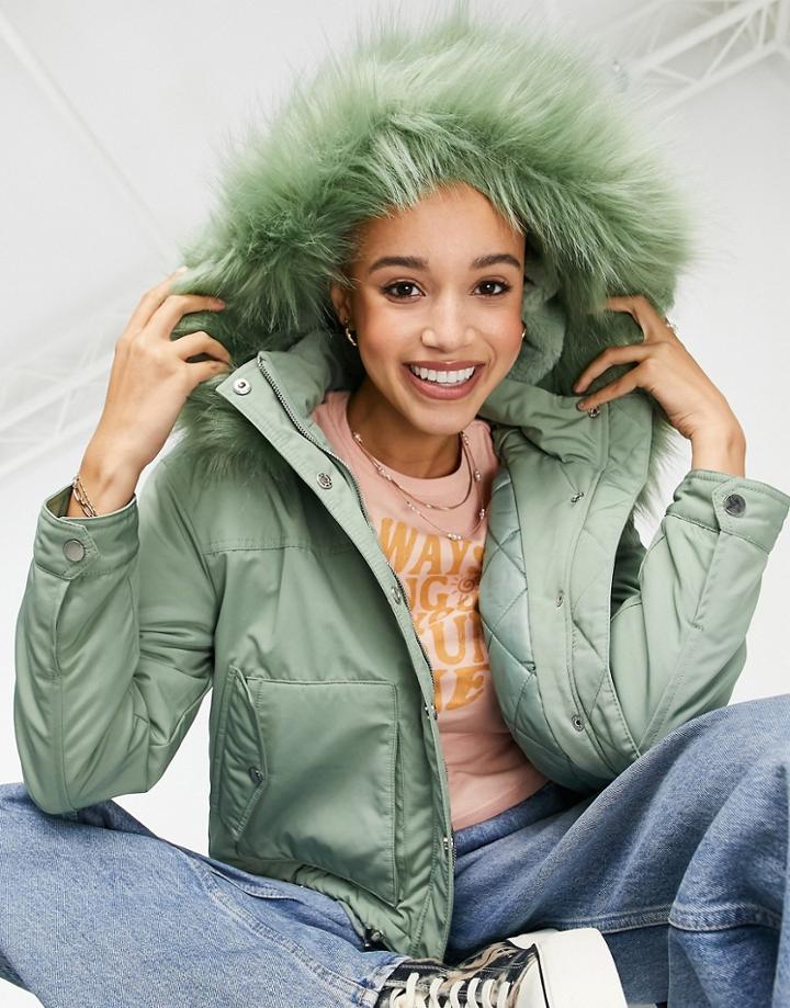 Miss Selfridge Fur Hood Short Parka In Pale Khaki-green