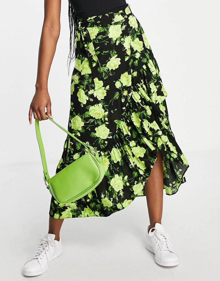Asos Design Wrap Midi Skirt With Ruffle Hem In Neon Floral Print-multi