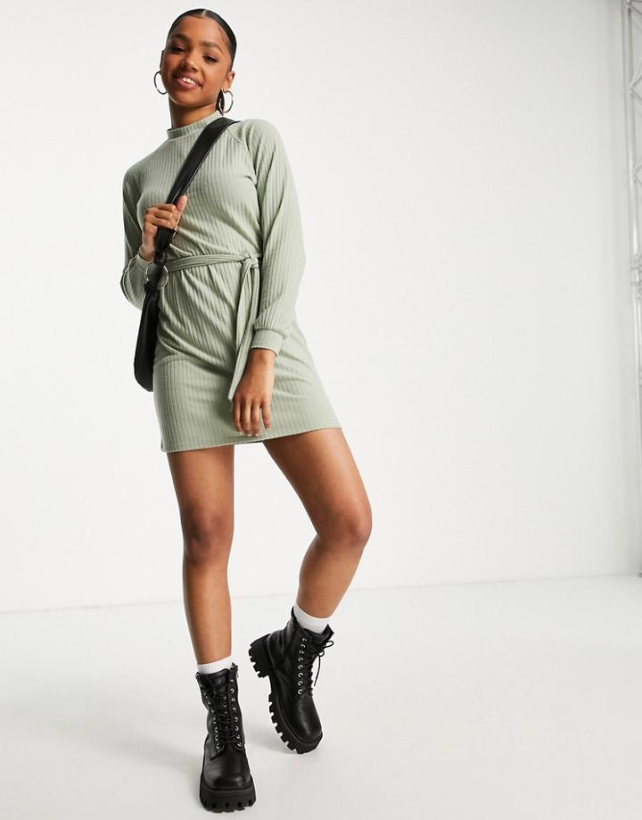 Miss Selfridge Rib Tie Waist Cozy Mini Dress In Sage-green