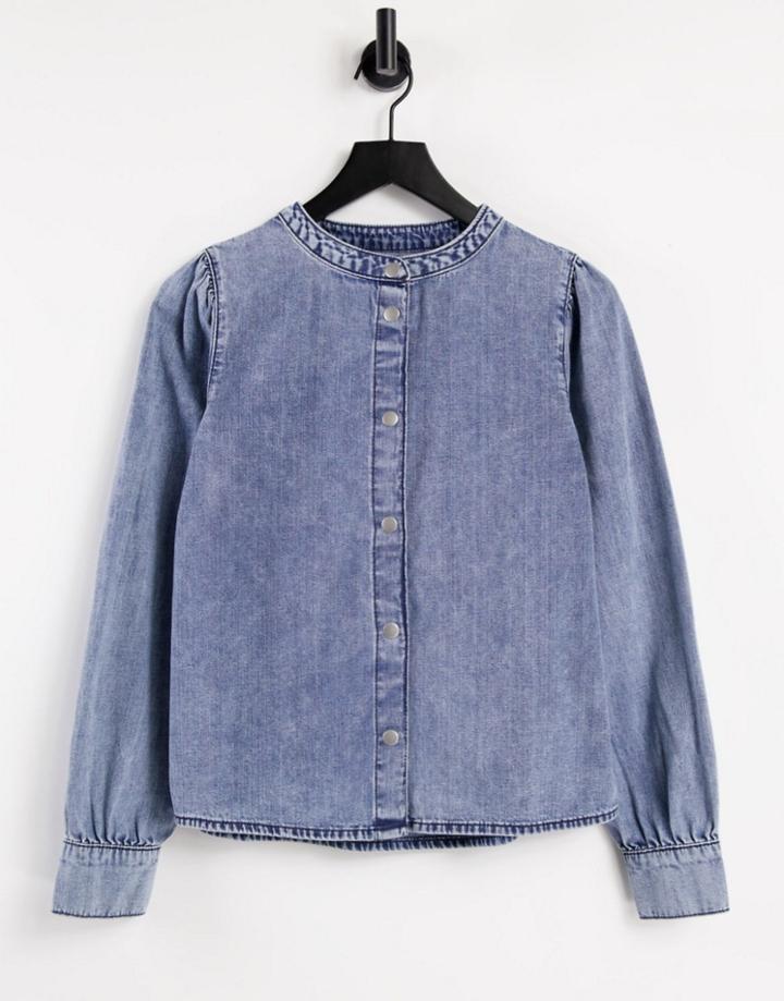 Jdy Dortea Puff Sleeve Collarless Denim Shirt In Medium Blue Denim-blues