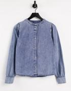 Jdy Dortea Puff Sleeve Collarless Denim Shirt In Medium Blue Denim-blues