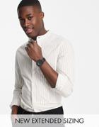 Asos Design Slim Stripe Shirt With Grandad Collar In White & Beige-neutral