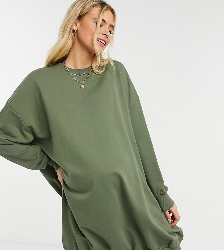 Asos Design Maternity Oversized Sweatshirt Dress In Khaki-green