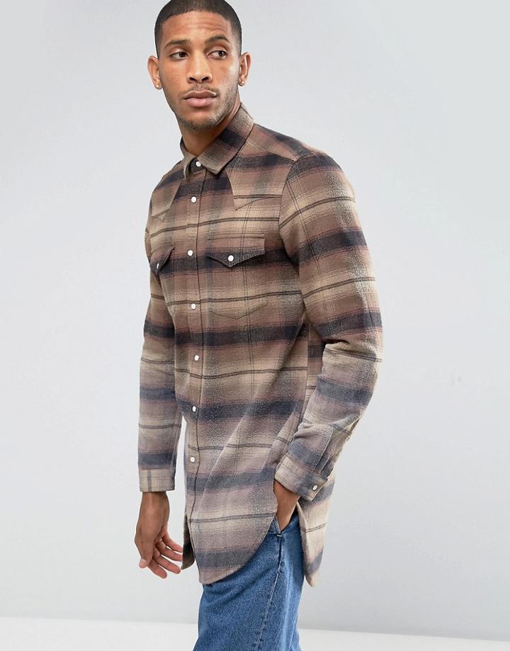 Asos Regular Fit Super Longline Western Check Shirt With Dip Dye - Brown