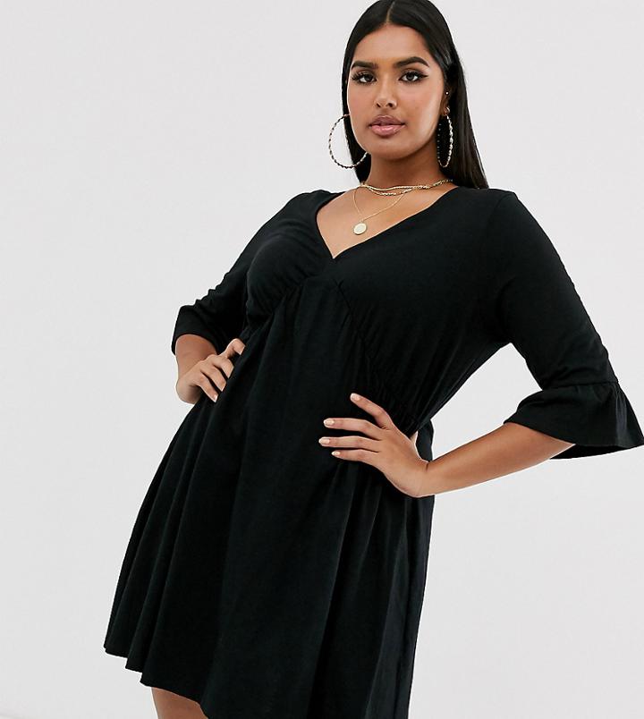 Asos Design Curve V Neck Frill Sleeve Smock Dress-black