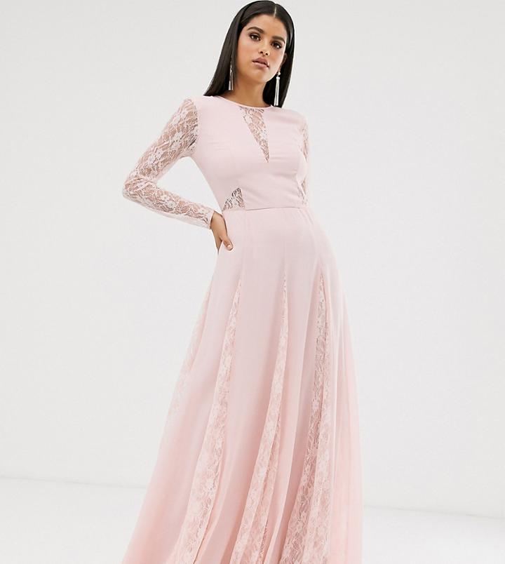 Asos Design Tall Maxi Dress With Long Sleeve And Lace Paneled Bodice - Pink