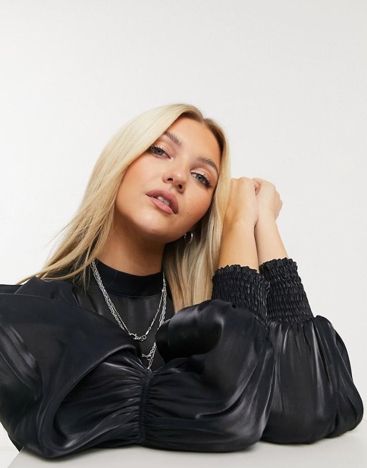 Topshop High Neck Puff Sleeve Blouse In Black