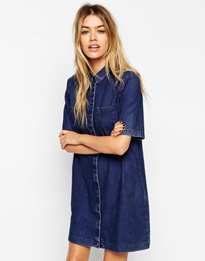 Asos Denim Shirt Dress With Patch Pocket - Dark Wash Blue