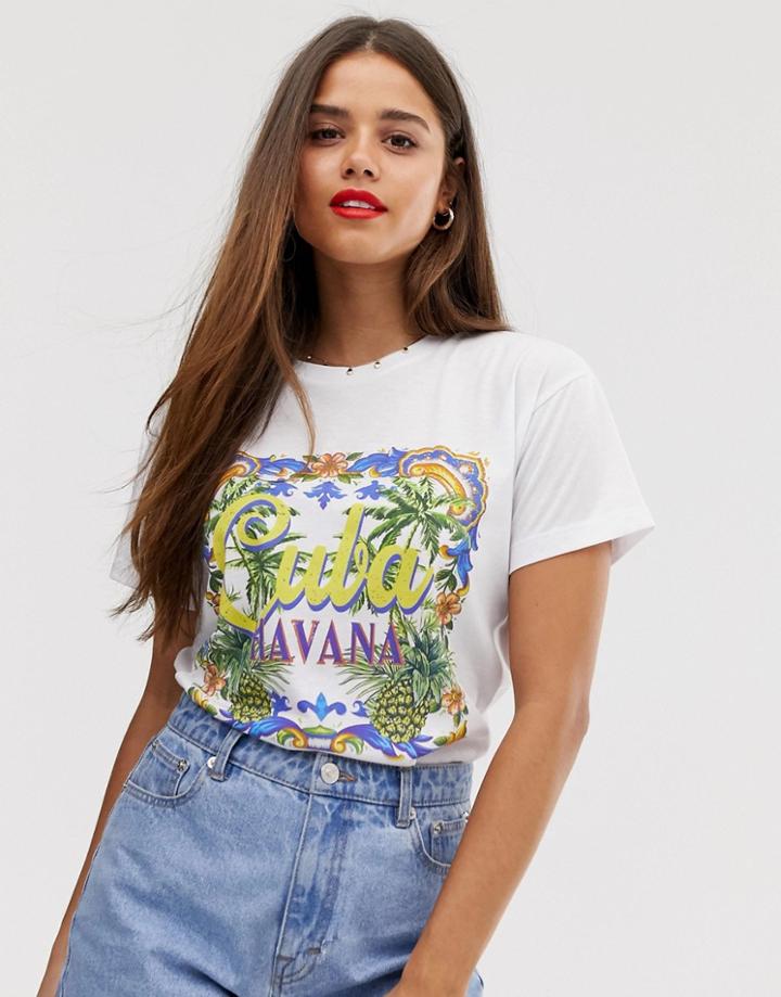 Asos Design T-shirt With Vintage Havana Print - White