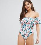Boohoo Floral Bardot Swimsuit - White