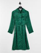 Liquorish Tie Waist Midi Shirt Dress In Green Leopard Print-multi