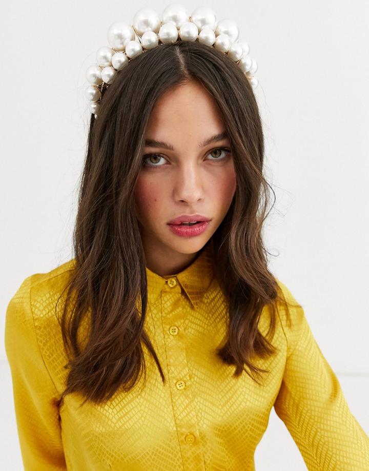 Asos Design Headband With Double Row Graduating Pearls In Gold Tone