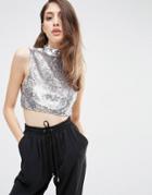 Asos Crop Top With High Neck In All Over Sequin - Silver