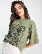 Topshop Embroidered Tee In Khaki-green