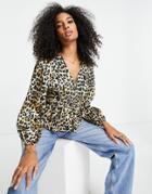 River Island Leopard Print Volume Sleeve Blouse In Brown