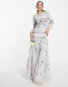 Frock And Frill Allover Embroidered Maxi Dress In Light Gray-grey