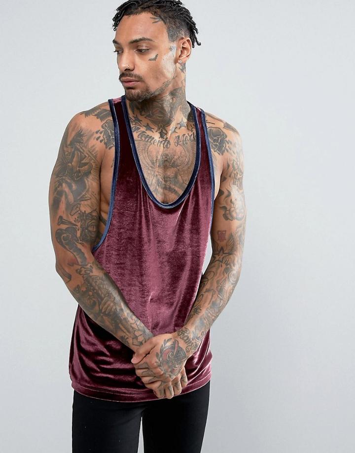 Asos Tank With Extreme Racer Back In Velour With Contrast Binding - Red