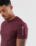 Asos Design Skinny Longline T-shirt With Stretch And Curved Hem And Ma1 Pocket In Burgundy-red