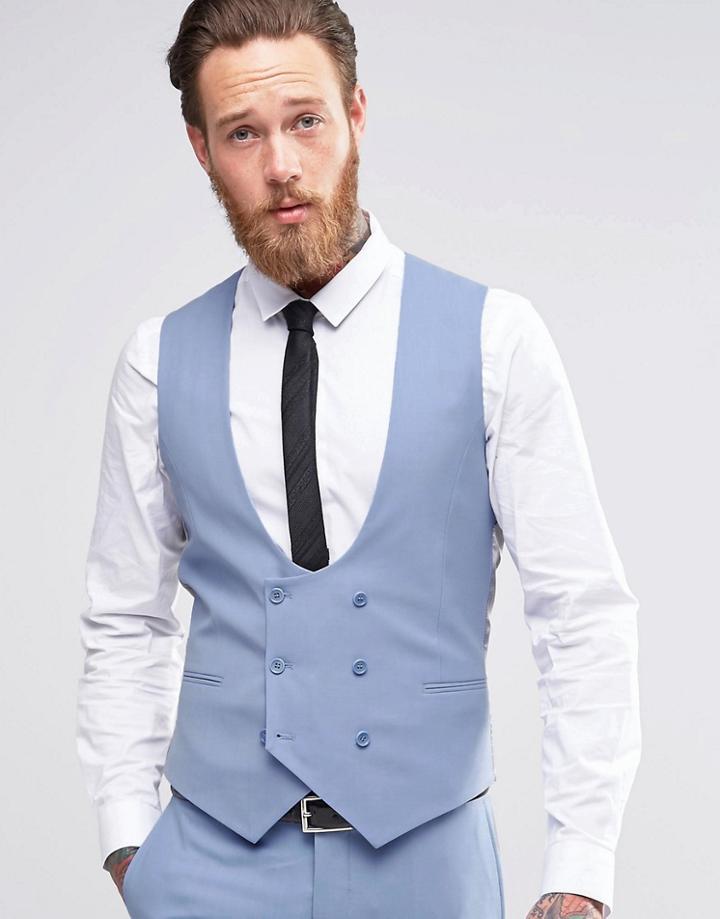 Noose & Monkey Double Breasted Vest With Stretch In Super Skinny Fit - Sky Blue