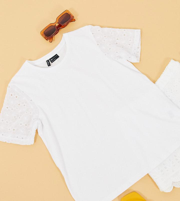 Asos Design Tall T-shirt With Floral Cutwork Sleeve Detail-white