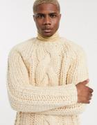 Asos Design Heavyweight Hand Knitted Cable Sweater In Oatmeal-beige
