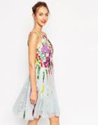 Asos Floral Mesh Insert Fit And Flare Pinny Mini Dress - Bright Floral