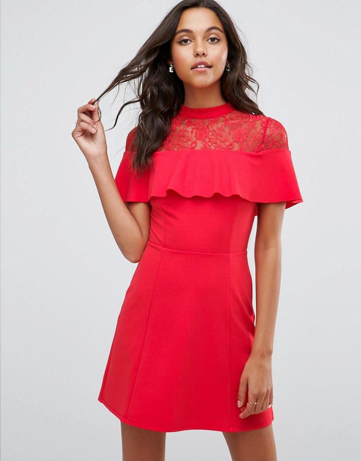 Asos Mini Skater Dress With Lace Inserts And Ribbon Tie-red
