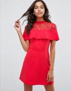 Asos Mini Skater Dress With Lace Inserts And Ribbon Tie-red