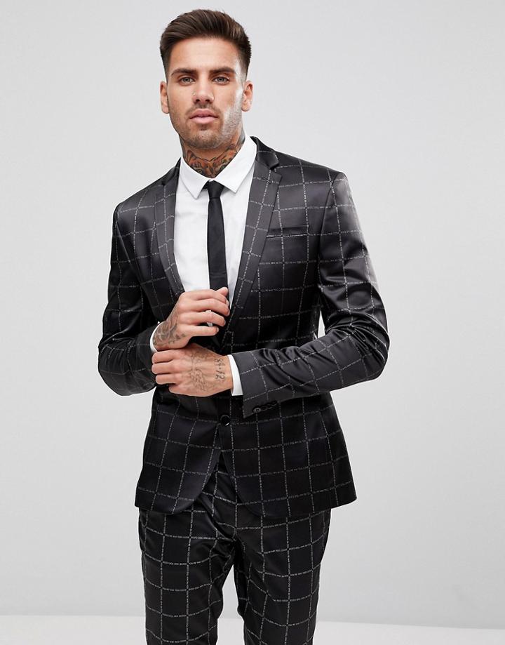 Asos Super Skinny Suit Jacket In Printed Slogan Check - Black