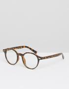 Asos Angular Round Clear Lens Glasses In Tort - Brown