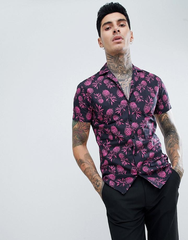 Twisted Tailor Slim Revere Shirt In Pink With Pineapple Print - Pink