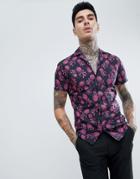 Twisted Tailor Slim Revere Shirt In Pink With Pineapple Print - Pink