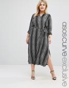 Asos Curve Midi Shirt Dress In Mono Stripe With Grandad Collar - Multi