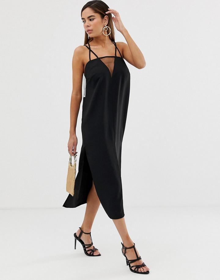 Asos Design Sheer Detail Sleeveless Midi Dress - Black