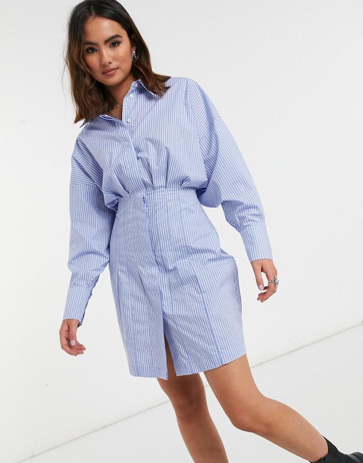 Object Mini Shirt Dress With Ruched Waist In Stripe Print-multi