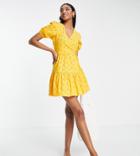 Asos Design Tall Broderie Mini Wrap Dress In Mustard-yellow