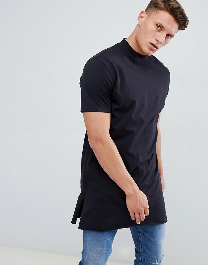 Asos Design Relaxed Fit Super Longline T-shirt With Side Splits And Turtleneck - Black