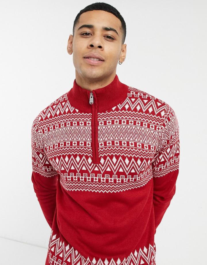 Threadbare Christmas Fairisle Half Zip Sweater In Red