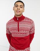 Threadbare Christmas Fairisle Half Zip Sweater In Red